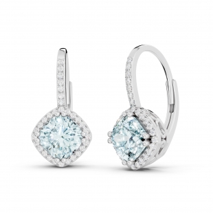 2.20 Carat (ctw) 14K White Gold Cushion Cut Aquamarine & Round Cut White Diamond Ladies Halo Style Dangling Drop Earrings