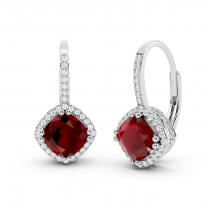 2.20 Carat (ctw) 14K White Gold Cushion Cut Ruby & Round Cut White Diamond Ladies Halo Style Dangling Drop Earrings