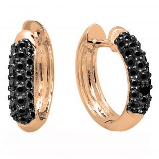 0.30 Carat (ctw) 10K Rose Gold Round Black Diamond Ladies Pave Set Huggies Hoop Earrings 1/3 CT