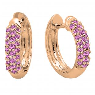 0.30 Carat (ctw) 10K Rose Gold Round Pink Sapphire Ladies Pave Set Huggies Hoop Earrings 1/3 CT