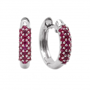 0.30 Carat (ctw) 18K White Gold Round Ruby Ladies Pave Set Huggies Hoop Earrings 1/3 CT