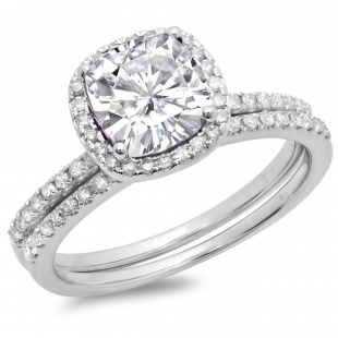 1.75 Carat (ctw) 10K White Gold Cushion Cut Created White Sapphire & Round Cut White Diamond Ladies Bridal Halo Engagement Ring With Matching Band Set 1 3/4 CT