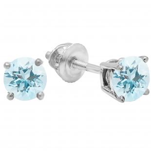 1.00 Carat (ctw) 10K White Gold Round Cut Aquamarine Ladies Solitaire Stud Earrings 1 CT