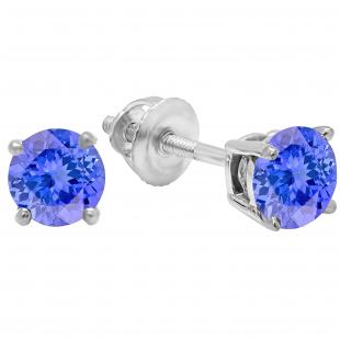 1.00 Carat (ctw) 14K White Gold Round Cut Tanzanite Ladies Solitaire Stud Earrings 1 CT