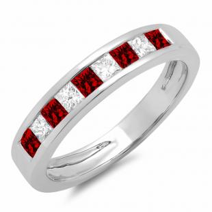 0.55 Carat (ctw) 14K White Gold Princess Cut Garnet & White Diamond Ladies Anniversary Wedding Band Stackable Ring 1/2 CT