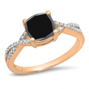 1.45 Carat (ctw) 14K Rose Gold Cushion Cut Black Sapphire & Round White Diamond Ladies Swirl Split Shank Bridal Engagement Ring 1 1/2 CT