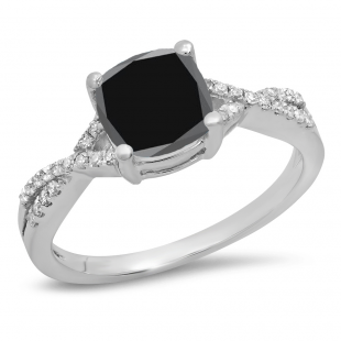1.45 Carat (ctw) 10K White Gold Cushion Cut Black Sapphire & Round White Diamond Ladies Swirl Split Shank Bridal Engagement Ring 1 1/2 CT