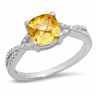 1.45 Carat (ctw) 18K White Gold Cushion Cut Citrine & Round White Diamond Ladies Swirl Split Shank Bridal Engagement Ring 1 1/2 CT
