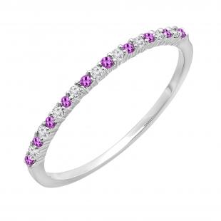 0.10 Carat (ctw) 10K White Gold Round Amethyst & White Diamond Ladies Anniversary Wedding Band Stackable Ring