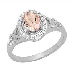 7x5mm Oval Morganite & Round White Diamond Split Shank Halo Engagement Ring for Women (0.25 ctw, Color I-J, Clarity I2-I3) 10K White Gold
