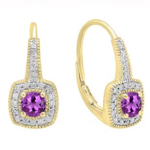 0.65 Carat (ctw) 18K Yellow Gold Round Cut Amethyst & White Diamond Ladies Halo Style Dangling Earrings
