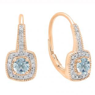 0.65 Carat (ctw) 10K Rose Gold Round Cut Aquamarine & White Diamond Ladies Halo Style Dangling Earrings