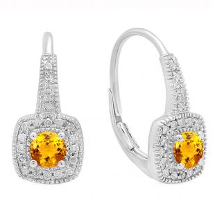 0.65 Carat (ctw) 14K White Gold Round Cut Citrine & White Diamond Ladies Halo Style Dangling Earrings