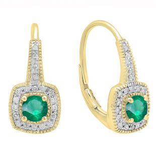 0.65 Carat (ctw) 18K Yellow Gold Round Cut Emerald & White Diamond Ladies Halo Style Dangling Earrings