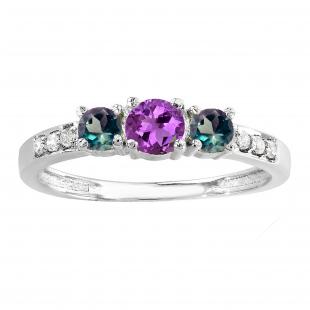 Round Amethyst Alexandrite & White Diamond Ladies Three Stone Engagement Bridal Ring | 18K White Gold