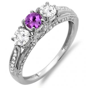 1.00 Carat (ctw) 18K White Gold Round Amethyst & White Diamond Ladies Vintage Bridal 3 Stone Engagement Ring 1 CT