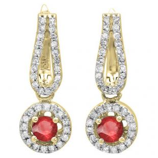0.60 Carat (ctw) 14K Yellow Gold Round Ruby & White Diamond Ladies Halo Style Dangling Drop Earrings 1/4 CT