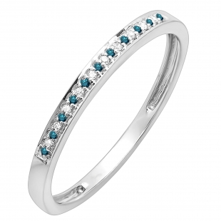 0.10 Carat (ctw) 10K White Gold Round Blue & White Diamond Ring Wedding Anniversary Stackable Band 1/10 CT