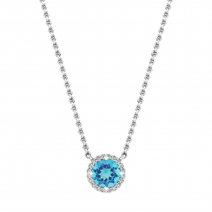 6mm Round Blue Topaz and White Diamond Halo Pendant Necklace for Women with 18 inch Silver Chain in 14K White Gold