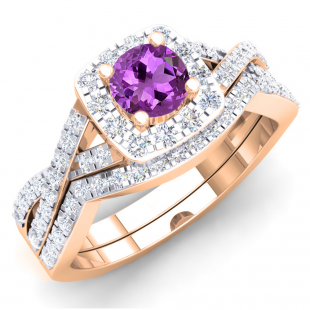 1.55 Carat (ctw) 14K Rose Gold Round Cut Amethyst & White Cubic Zirconia CZ Ladies Swirl Split Shank Bridal Halo Engagement Ring With Matching Band Set 1 1/2 CT