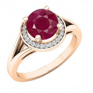 14K Rose Gold 7 MM Round Cut Ruby & White Diamond Halo Style Bridal Engagement Ring