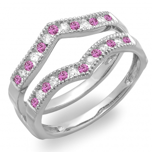 0.48 Carat (ctw) 10K White Gold Round White Diamond & Pink Sapphire Ladies Milgrain Anniversary Wedding Band Guard Double Ring 1/2 CT