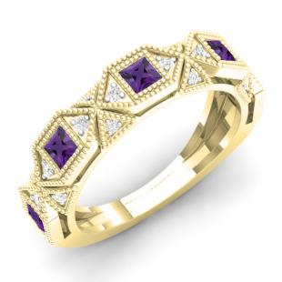 0.75 Carat (ctw) 14K Yellow Gold Princess Amethyst & Round White Diamond Ladies Vintage Style Milgrain Stackable Wedding Band 3/4 CT