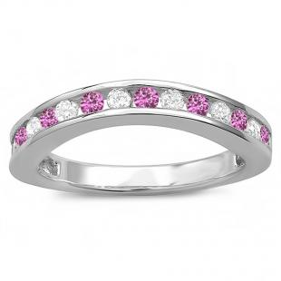 0.75 Carat (ctw) 14K White Gold Round Pink Sapphire & Diamond Ladies Curved Guard Matching Bridal Wedding Band 3/4 CT