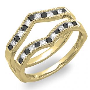 0.48 Carat (ctw) 18K Yellow Gold Round White & Black Diamond Ladies Milgrain Anniversary Wedding Band Guard Double Ring 1/2 CT
