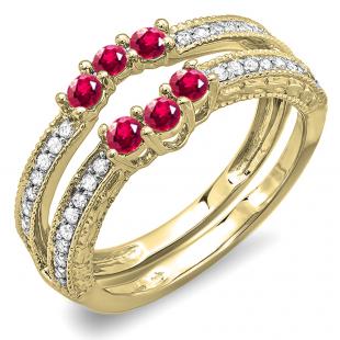 0.60 Carat (ctw) 10K Yellow Gold Round Ruby And White Diamond Ladies Anniversary Wedding Band Enhancer Guard