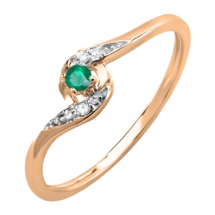 0.08 Carat (ctw) 10K Rose Gold Round White Diamond & Green Emerald Ladies Bridal Engagement Ring 1/10 CT