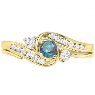 0.50 Carat (ctw) 10K Yellow Gold Round Blue And White Diamond Ladies Swirl Bridal Engagement Ring Matching Band Set