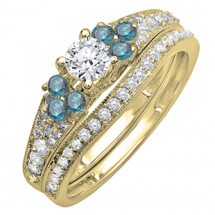 1.00 Carat (ctw) 14K Yellow Gold Round Blue And White Diamond Ladies Bridal Engagement Ring Matching Band Set