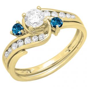 0.90 Carat (ctw) 18K Yellow Gold Round Blue And White Diamond Ladies Swirl Bridal Engagement Ring Matching Band Set