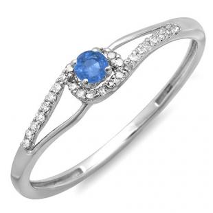 0.18 Carat (ctw) 10K White Gold Round Cut Blue Sapphire And White Diamond Ladies Engagement Bridal Promise Ring