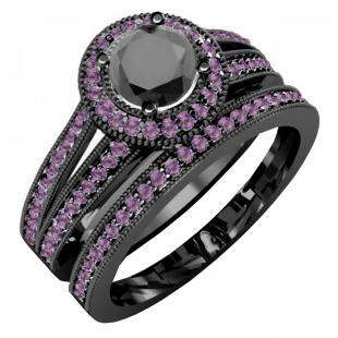 1.25 Carat (ctw) Black Rhodium Plated 10K White Gold Round Amethyst And Black Diamond Ladies Split Shank Halo Style Bridal Engagement Ring Set With Matching Band 1 1/4 CT