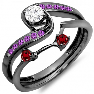 0.50 Carat (ctw) Black Rhodium Plated Sterling Silver Round Amethyst Garnet & Diamond Ladies Swirl Bridal Engagement Ring Matching Band Set 1/2 CT