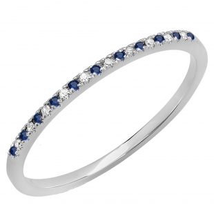 Round Blue Sapphire & White Diamond Stackable Band for Women in 14K White Gold