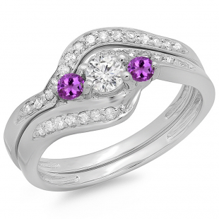 0.60 Carat (ctw) 14K White Gold Round Amethyst & White Diamond Ladies Swirl Style Bridal 3 Stone Engagement Ring With Matching Band Set