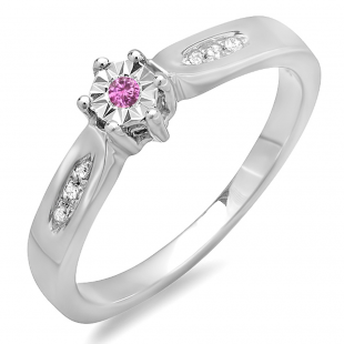 0.06 Carat (ctw) Sterling Silver Round Pink Sapphire & White Diamond Ladies Engagement Bridal Promise Ring