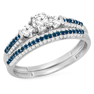 0.90 Carat (ctw) 14K White Gold Round White Sapphire Blue & White Diamond Ladies 3 Stone Bridal Engagement Ring Set