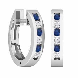 0.36 Carat (ctw) 18K White Gold Round White Diamond & Blue Sapphire Ladies Hoop Earrings 1/3 CT