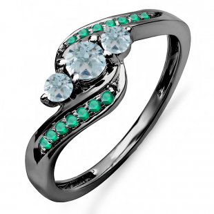 0.50 Carat (ctw) Black Rhodium Plated 10K White Gold Aquamarine & Tsavorite 3 Stone Ring 1/2 CT