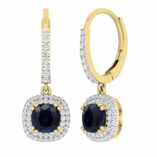 6 MM Each Cushion Blue Sapphire & Round White Diamond Halo Dangling Drop Earrings for Women in 14K Yellow Gold