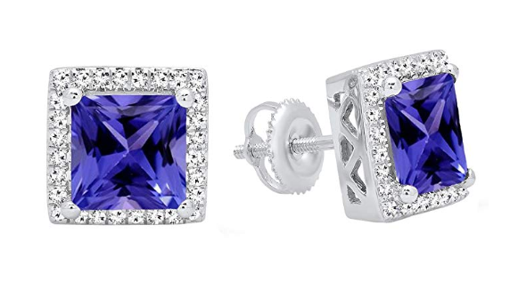 14K White Gold 7 MM Each Princess Tanzanite & Round White Diamond Ladies Stud Earrings
