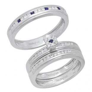 14K White Gold Round Blue Sapphire & White Diamond Men & Women's Fashion Engagement Ring Trio Set