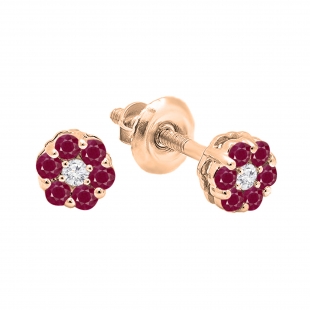18K Rose Gold Round Ruby & White Diamond Ladies Cluster Flower Earrings