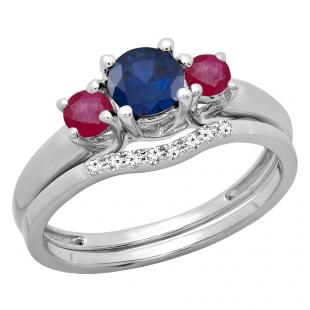 14K White Gold Round 5 MM Blue Sapphire Ruby & White Diamond Ladies Bridal Engagement Ring Set