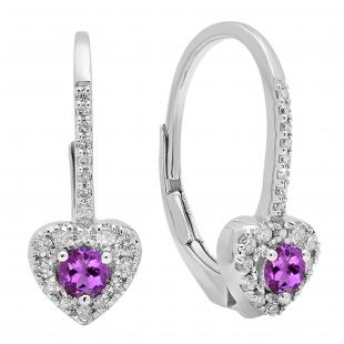 3mm Each Round Amethyst & White Diamond Heart Shaped Halo Drop Earrings 10K White Gold