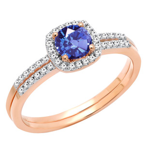 10K Rose Gold 5 MM Round Gemstone & Diamond Bridal Halo Engagement Ring With Matching Band Set